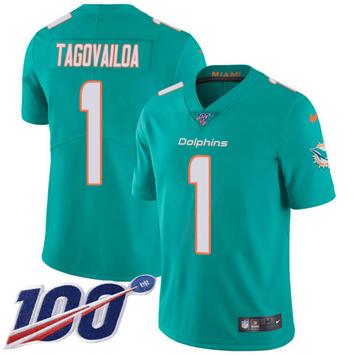 Miami Dolphins 1 Tua Tagovailoa Aqua Green Team Color Men Stitched NFL 100th Season Vapor Untouchable Limited Jersey